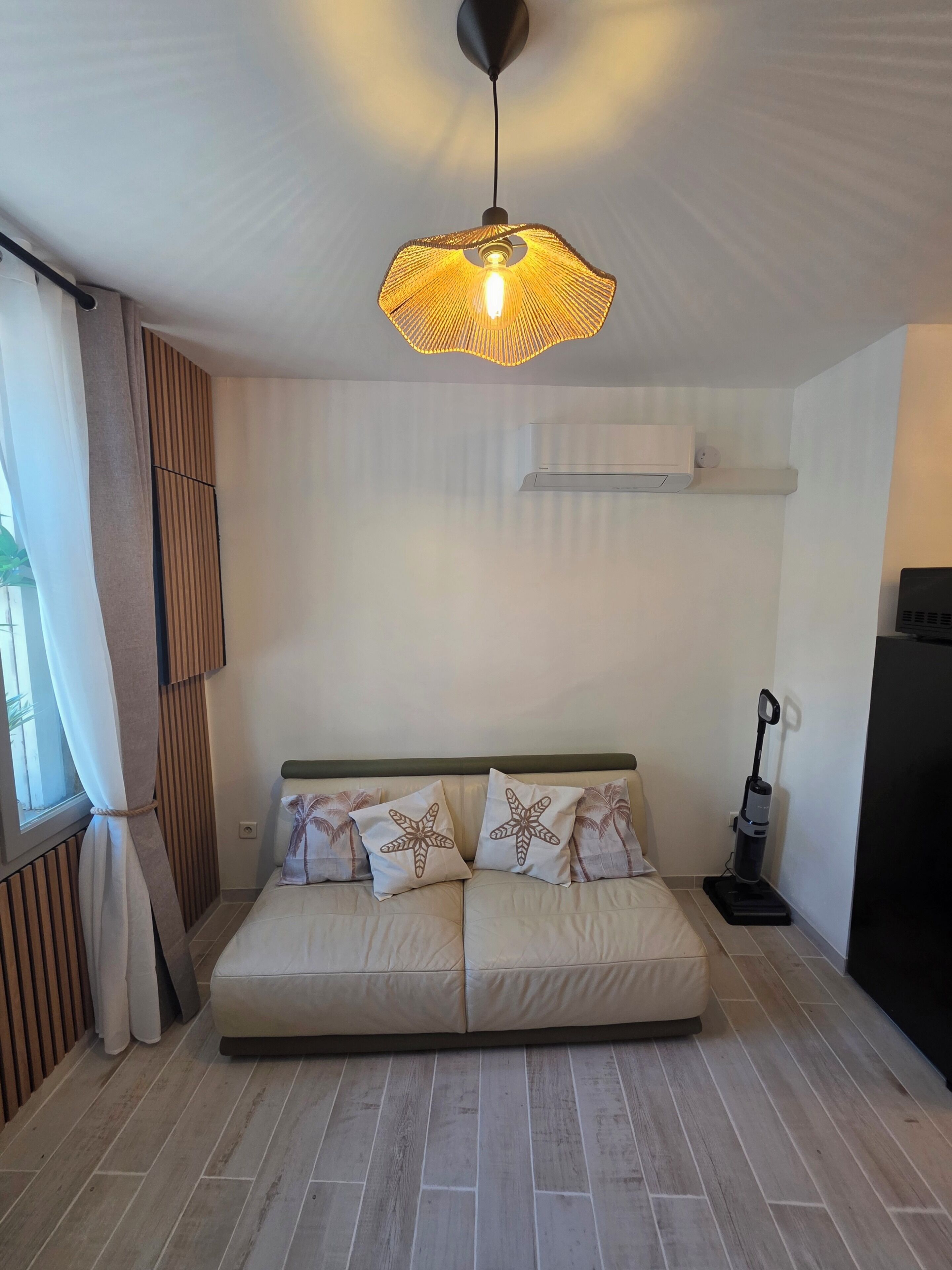 A room with a sofa bed, a ceiling light fixture, an air conditioning unit, and a vacuum cleaner.