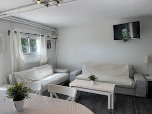 Ein modernes, minimalistisches Zimmer mit einer Couch, einem kleinen Tisch, einem Fernseher und einem Blumentopf.