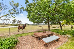 Un espacio al aire libre cercado con una mesa de picnic y banco, una hamaca y un caballo.