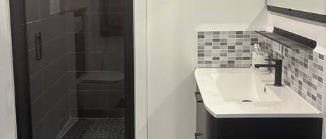 Shower, hair dryer, towels, soap