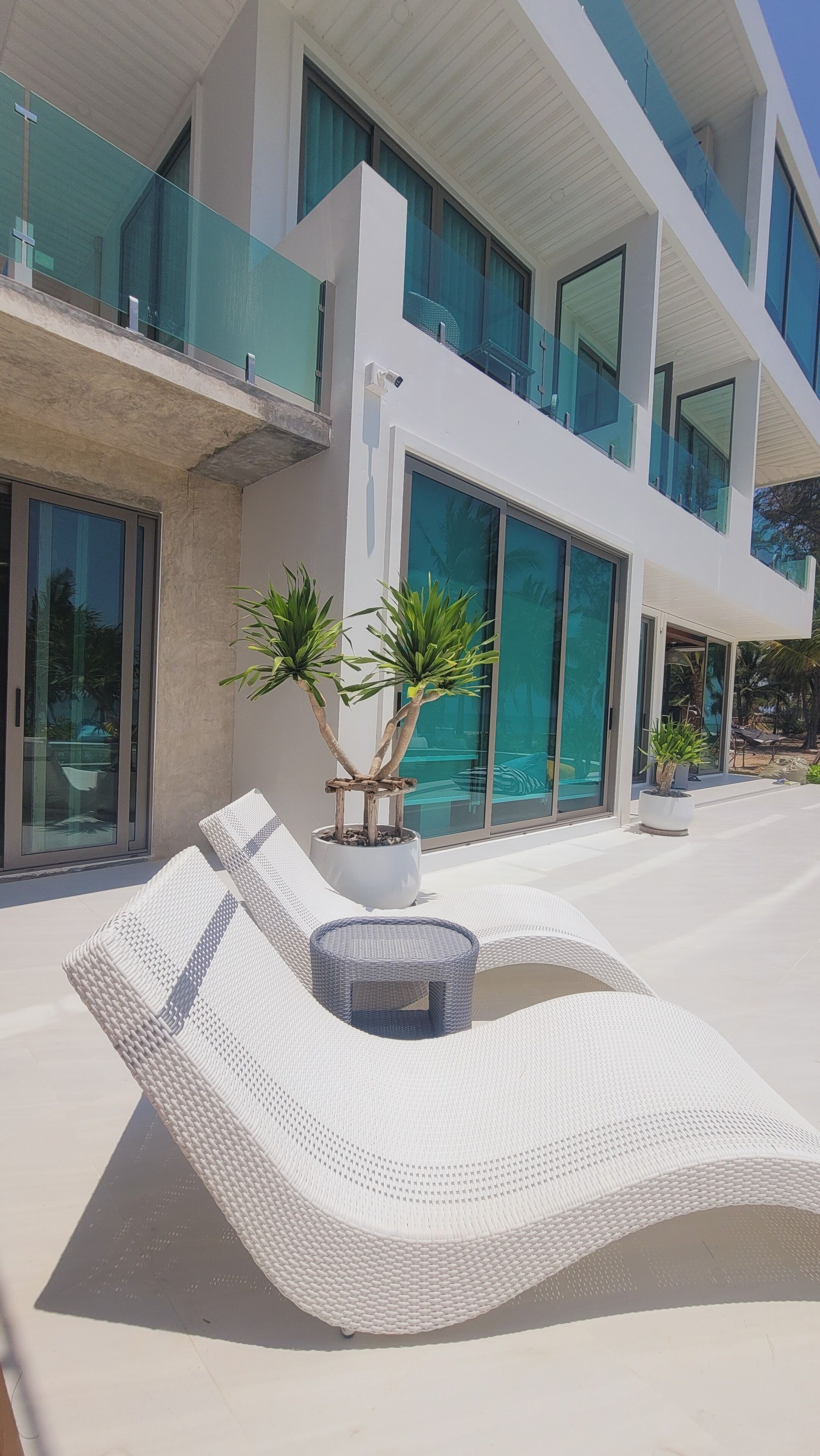 Un bâtiment moderne doté d’une piscine, de chaises longues et de plantes en pot.