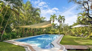 A swimming pool with a brick border, surrounded by grass and palm trees. - Paso de Lapas: Surrounded by Nature & Pool (Lagunillas)