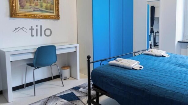 Un dormitorio con cama, escritorio, silla y radiador.