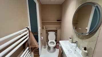 Une petite salle de bain comprenant des toilettes, un lavabo et un miroir.
