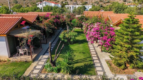 A residential area with houses, a paved pathway, and lush greenery.