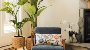 Ein Zimmer mit einer großen Topfpflanze, einem blauen Sessel mit floralen Kissen, einem Steinkamin und einem Korbwannenmöbel.