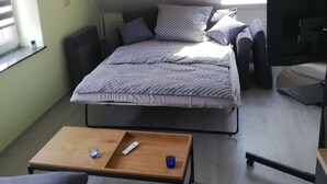 A room with a bed, a TV, a desk, and a window. - Quiet apartment with very large roof terrace (Wittenburg)