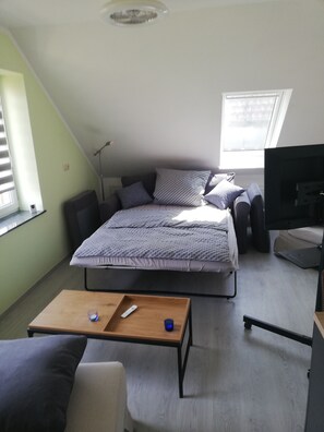 Une chambre avec un lit, une télévision, un bureau et une fenêtre.