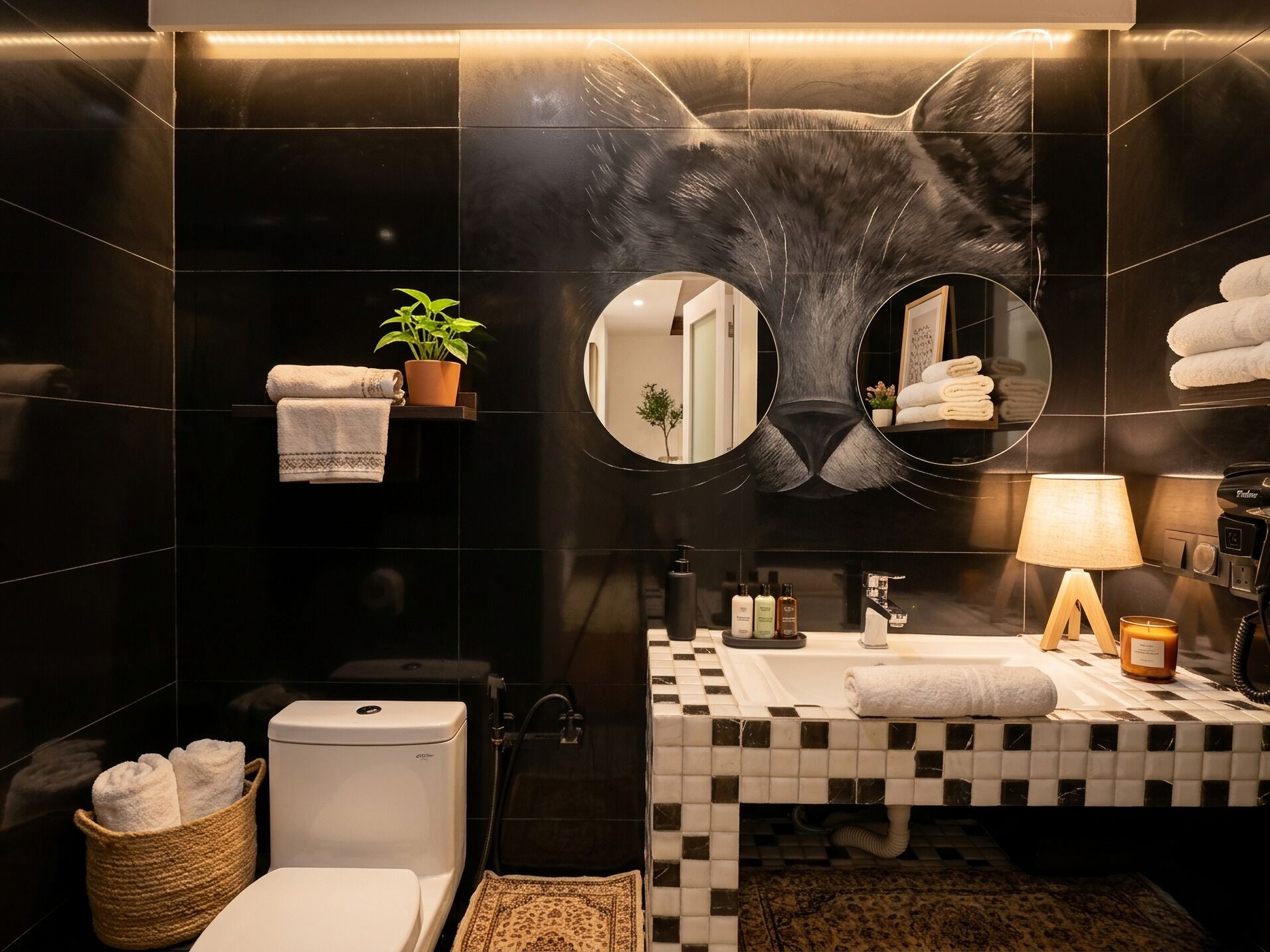 Un baño con un espejo grande con temática de gatos, un inodoro, un lavabo con salpicadero de azulejos a cuadros, y una pequeña estantería con una planta y toallas.