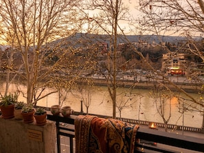 A riverside view with bare trees, a distant red bus, and potted plants on a balcony railing. - Riverside Central Apartments (T'bilisi)