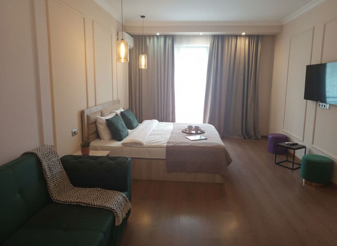 A hotel room with a bed, a green sofa, a small table, a TV, and a window with curtains.