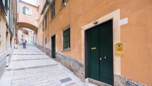 Une rue étroite avec une porte verte, un chien et une personne qui marche.