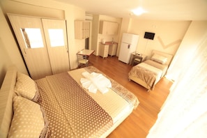 A hotel room with a bed, a desk, a chair, a wardrobe, and a television. - Kadıkoy Metro Central Apart  (İstanbul)