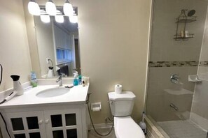 A bathroom with a white sink, mirror, and toilet. There is a shower area with a glass door. - Walk-out Studio Basement Apartment (Mississauga)