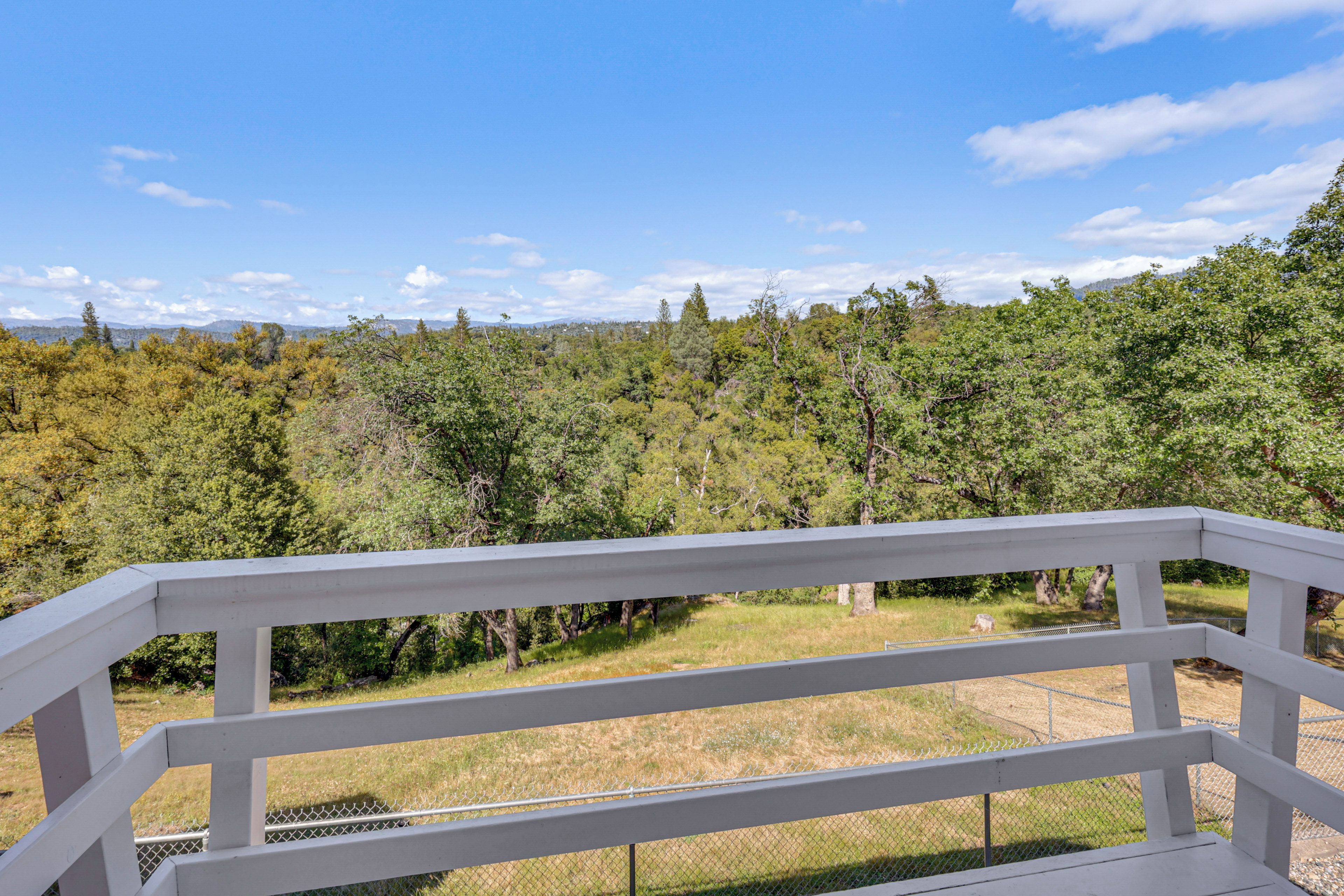A white balcony railing overlooking a forested area with a clear sky.