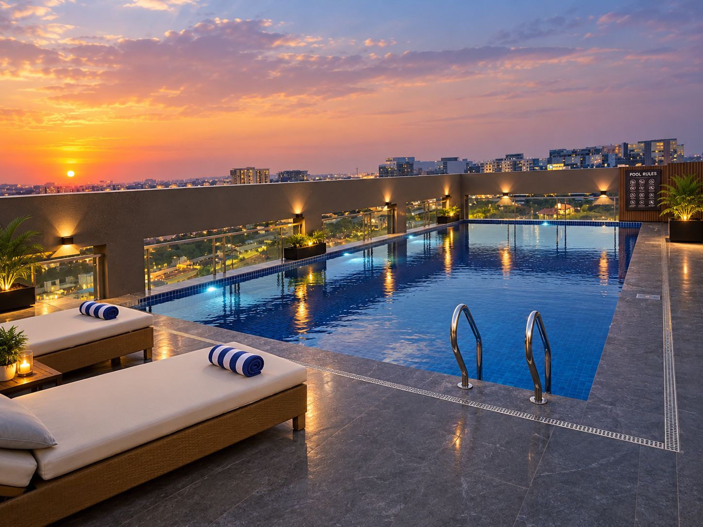 A rooftop pool with lounge chairs and a sunset view.