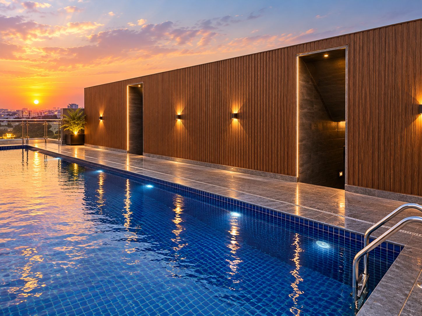 A swimming pool with a sunset view, wooden exterior walls, and a clear sky.