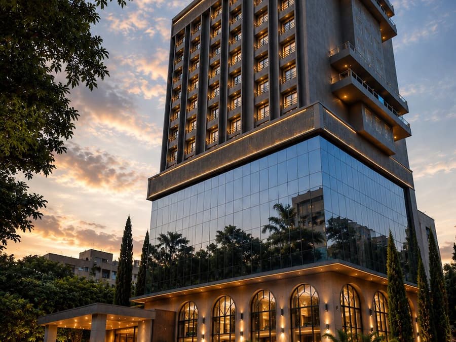 Un hotel moderno con fachada de vidrio, varios pisos y una entrada bien iluminada.