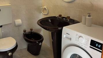 Hair dryer, bidet, towels, toilet paper