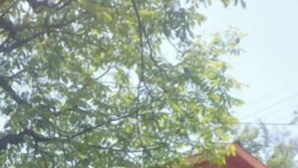 Uma casa com uma varanda pequena, duas cadeiras laranja e uma mesa.