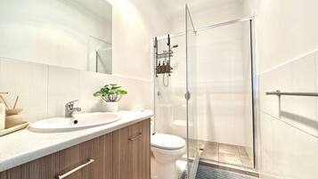 Shower, hair dryer, bidet, towels