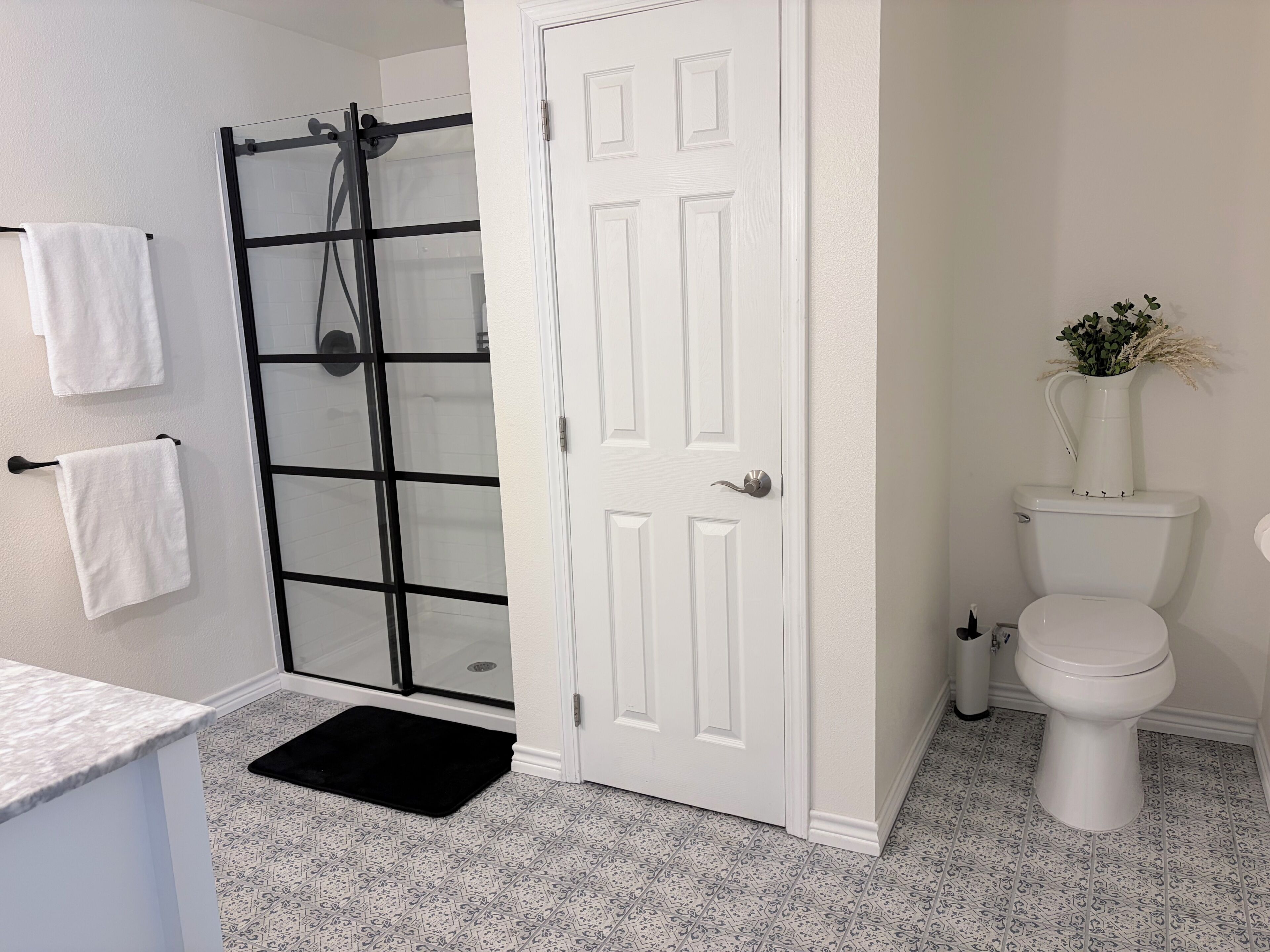 A bathroom with a shower, toilet, and a white door.