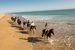 A beach with people riding horses along the shore.