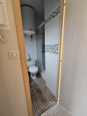 A narrow bathroom with a toilet, a shower, and a visible toilet paper dispenser.