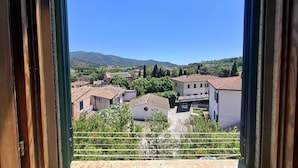 Vista da janela de um edif ício com varanda, dando para uma aldeia com casas e árvores.