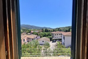 Blick aus einem Fenster mit Balkon auf ein Dorf mit Häusern und Bäumen.