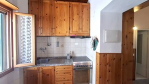 Cozinha com armários de madeira, uma pia de aço inoxidável e um forno embutido.
