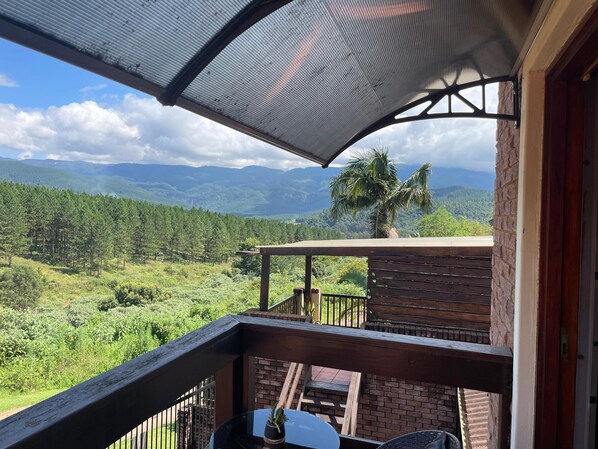 Un balcon donnant sur un paysage montagneux, avec un palmier et un mur en briques.