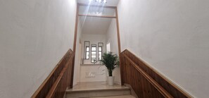 Un escalier avec des rampes en bois menant à un palier agrémenté d’une plante en pot et de tableaux encadrés.