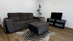 A modern living room with a grey sofa, a zebra-patterned rug, a small ottoman, a floor lamp, and a TV stand. - Bed and breakfast with shared pool (10m2) (GODINHAÇOS)