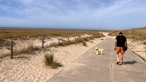 A paved pathway leading to a beach with dunes and a clear sky. - This studio is located 300m from the beach and the sea. (Petten)