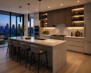 Uma cozinha moderna com uma ilha grande, banquetas, fogão e vista para a cidade.