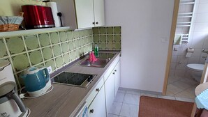 A compact kitchen with a sink, a kettle, and a stove. - Bungalow in Saxon Switzerland (Sebnitz)