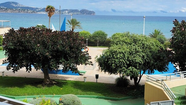 Un balcón con vistas a un jardín ajardinado, una palmera y una masa de agua.