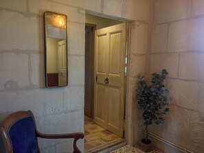 A hallway with a wooden door, a mirror, a chair, and a potted plant.