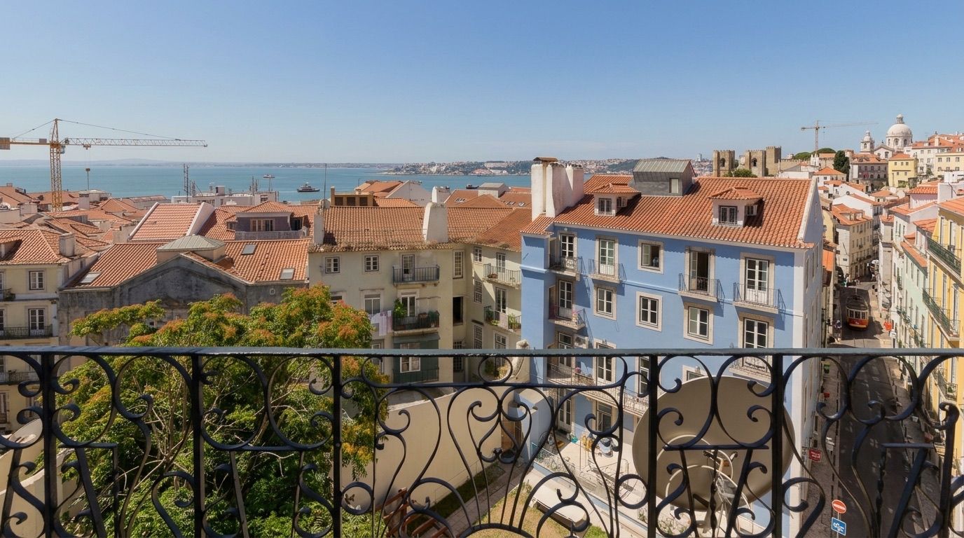 Un balcon orné de balustrades en fer forgé, donnant sur un paysage urbain côtier avec des bâtiments aux toits de tuiles et un ciel bleu dégagé.