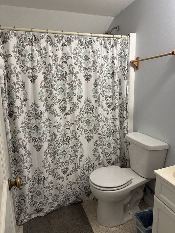 A bathroom with a toilet, a shower curtain, and a towel rack. - Blueberry Ridge at Miller's Cottages (Ontonagon)