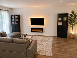 A living room with a sofa, a flat-screen TV, a fireplace, a bookshelf, and a potted plant.