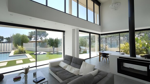 A modern living room with a large window, a grey sofa, a dining area, and a kitchen counter. - Villa d'Exception sur la Presqu'île de Cassis - Heated pool & calanques view (Cassis)