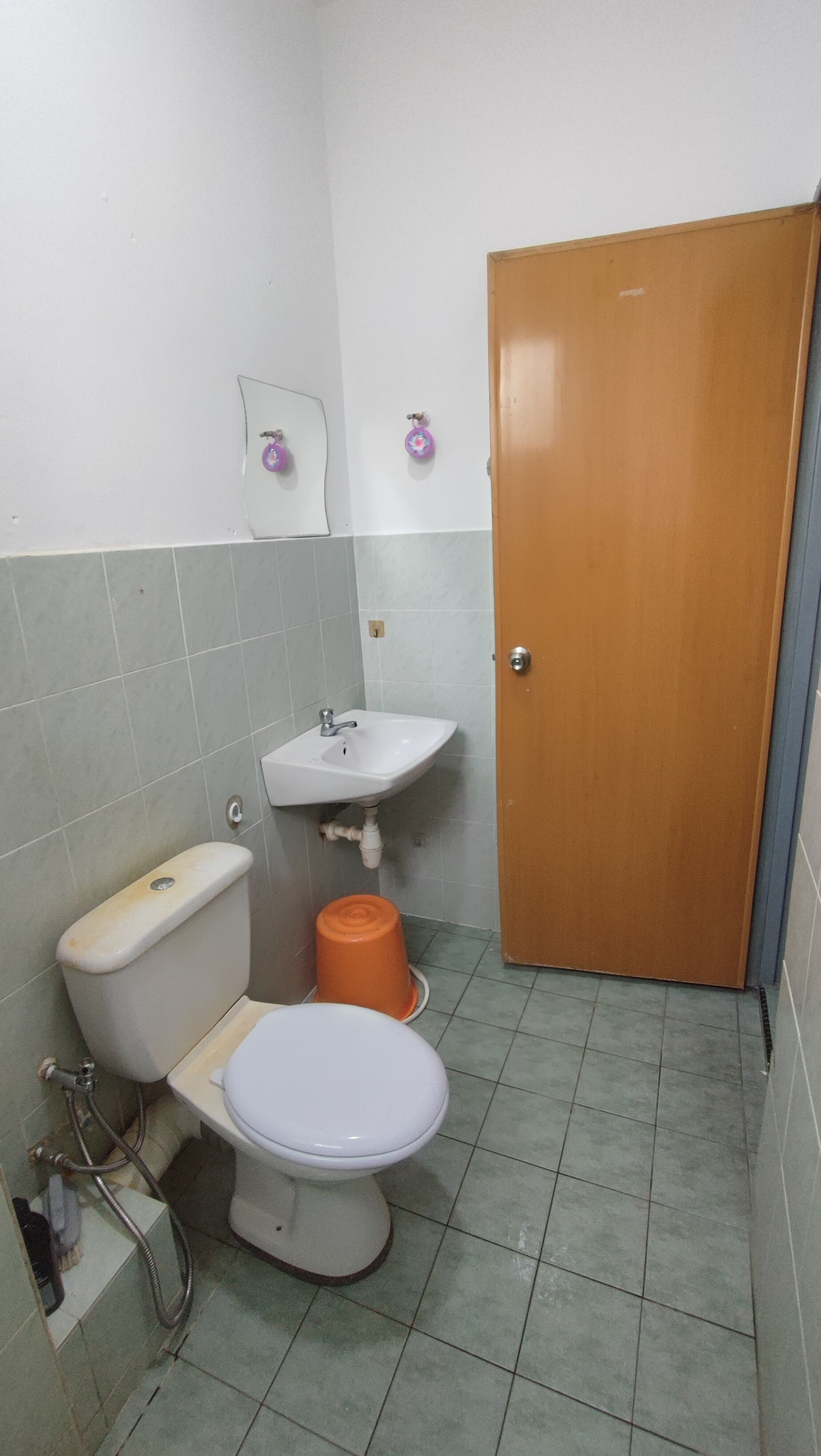 Une petite salle de bain avec des toilettes, un lavabo et une porte.