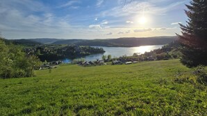 A rural landscape with a lake, houses, and trees.
