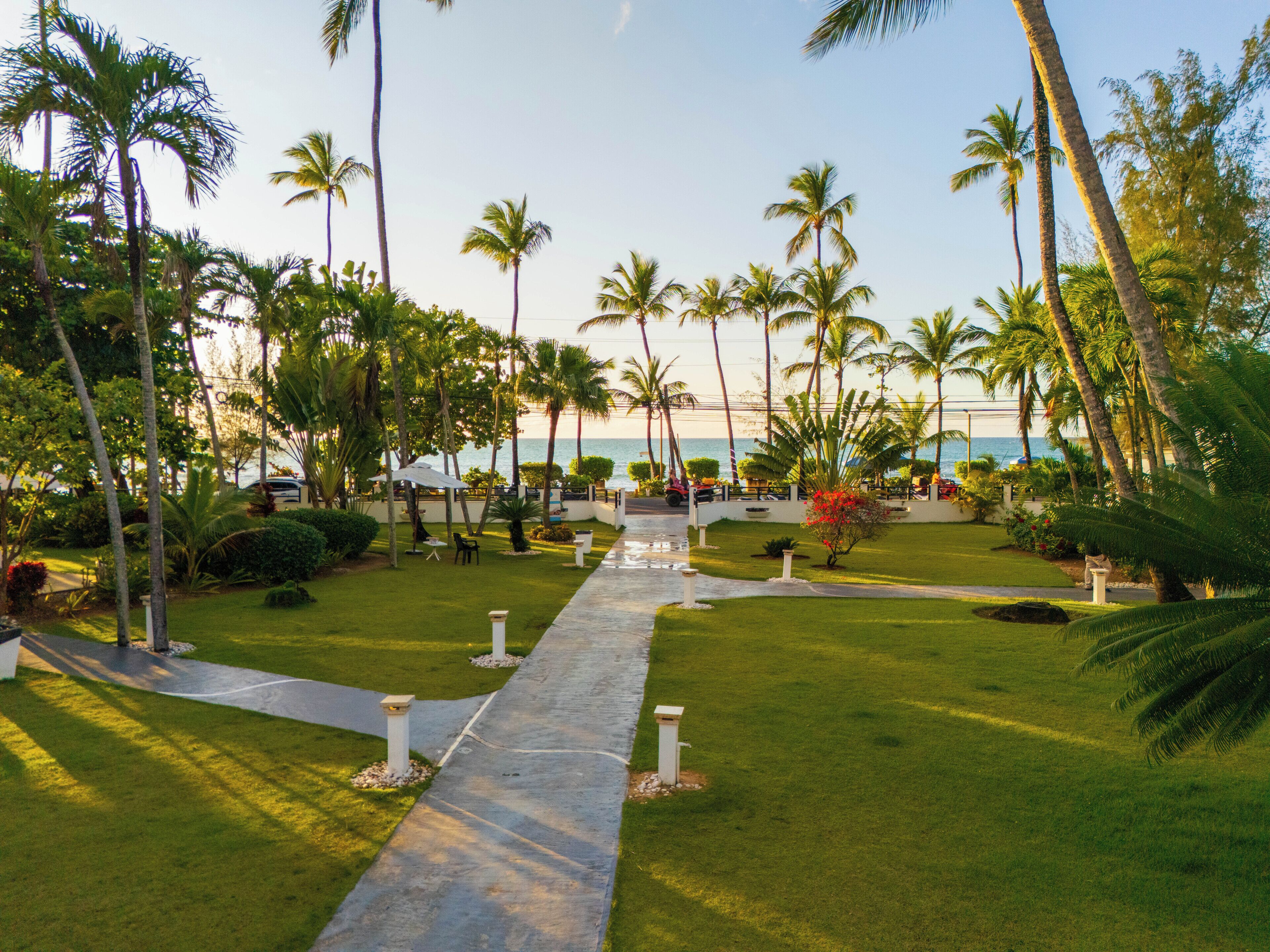 A pathway leading to a beach with palm trees and a view of the ocean.