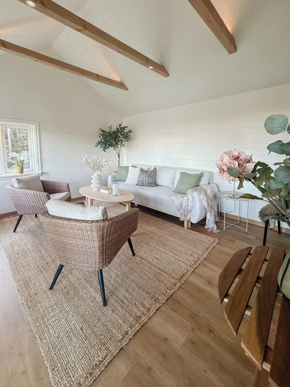 A modern living room with a sofa, chairs, a coffee table, and a large plant.