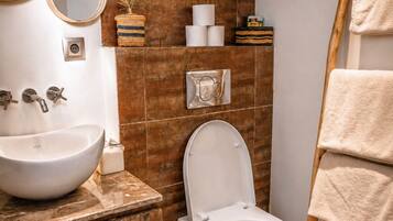 Hair dryer, towels, soap, toilet paper