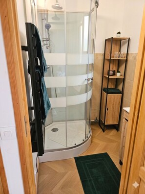 Dusche, Haartrockner, Handtücher, Seife