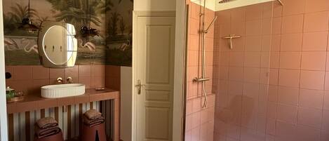 Hair dryer, towels, soap, toilet paper